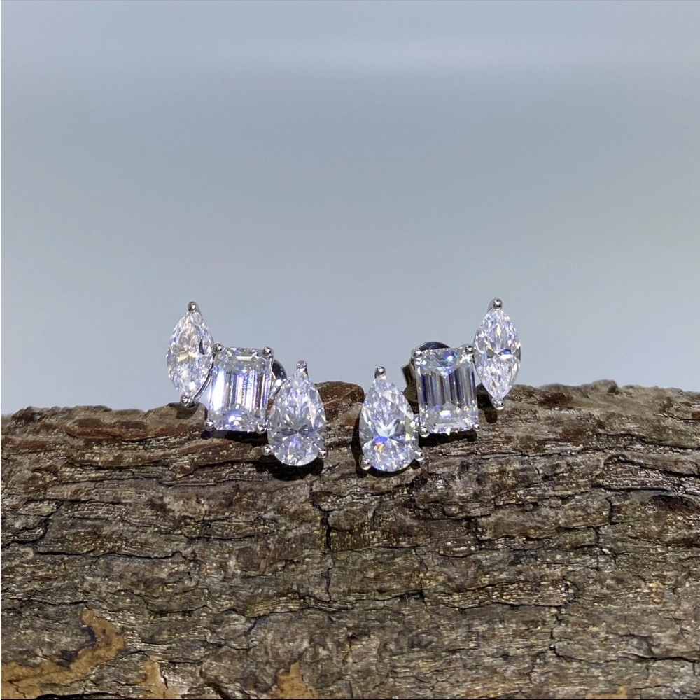 Moissanite and 14k white gold mixed cut studs